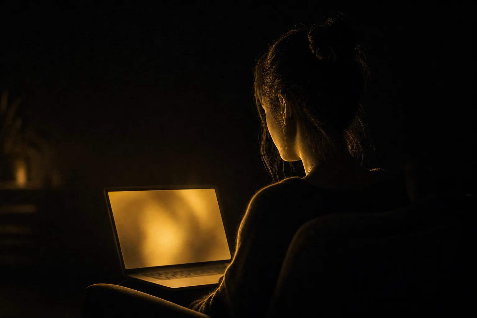 A private one-on-one video session lit by a laptop at night